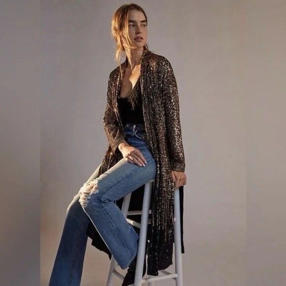 Anthropologie BB Dakota Dulcinea Sequined Open Front Evening Duster Cardigan XS